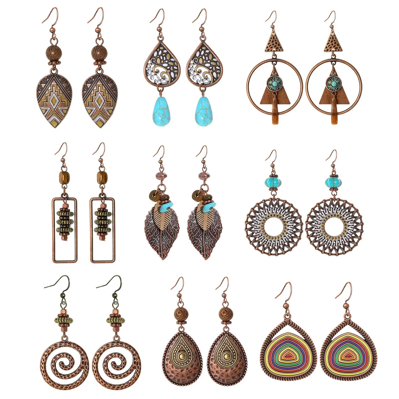 OIDEA 9 Pairs Bohemian Statement Earrings Set for Women, Vintage Tribal Western Dangle Drop Earrings with Wood Beads and Turquoise