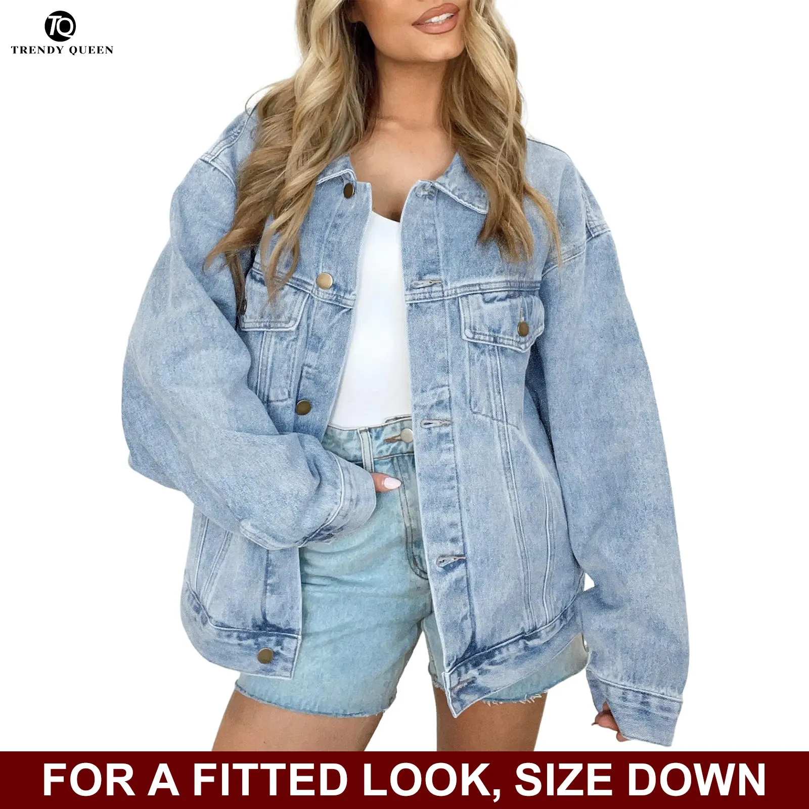 TRENDY QUEEN Oversized Light Wash Jean Jacket - Flattering Loose Fit Denim Coat for All Body Types, Versatile Casual Outerwear, Long Sleeve, Collared