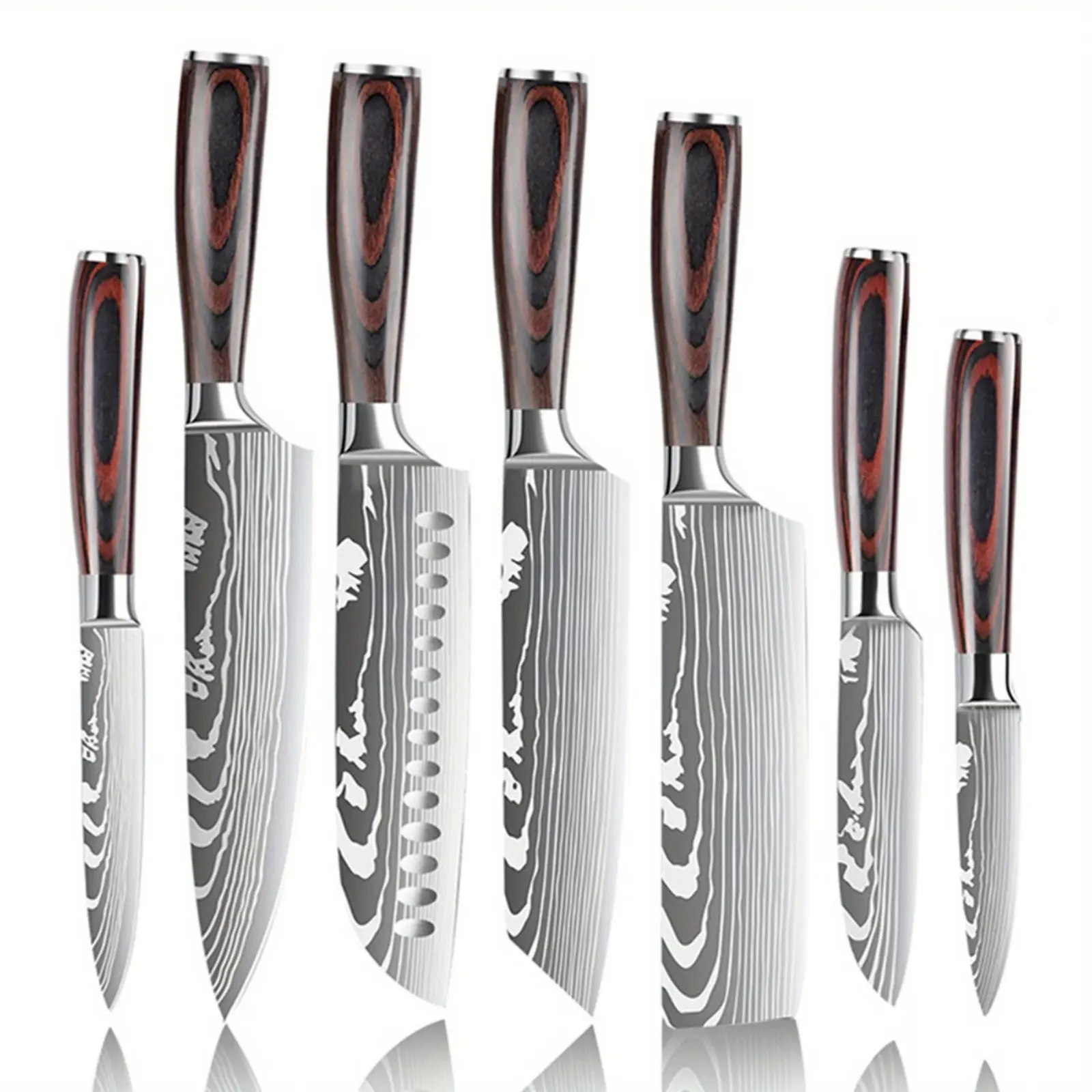 7-piece Damascus steel knife set—kitchen utensil set, household knife set; suitable for kitchen and home essentials, everyday family use; wedding banquet restaurant gift box packaging.