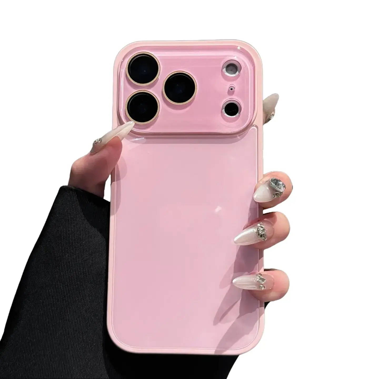 Luxurious solid-color glass phone case with a premium feel, full camera lens protection hard shell that resists drops, scratch-resistant anti-fingerprint back panel, compatible with iPhone 17/17 Pro/17 Pro Max/16/15, minimalist pink-and-white queen colorw