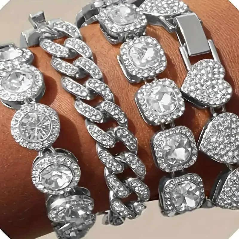 4PCS Gold Bracelets for Women Silver Clustered Tennis Bracelet for Women Heart Round Diamond Cuban Bracelet Layered Link Bracelet Set Fashion Jewelry for Women Set