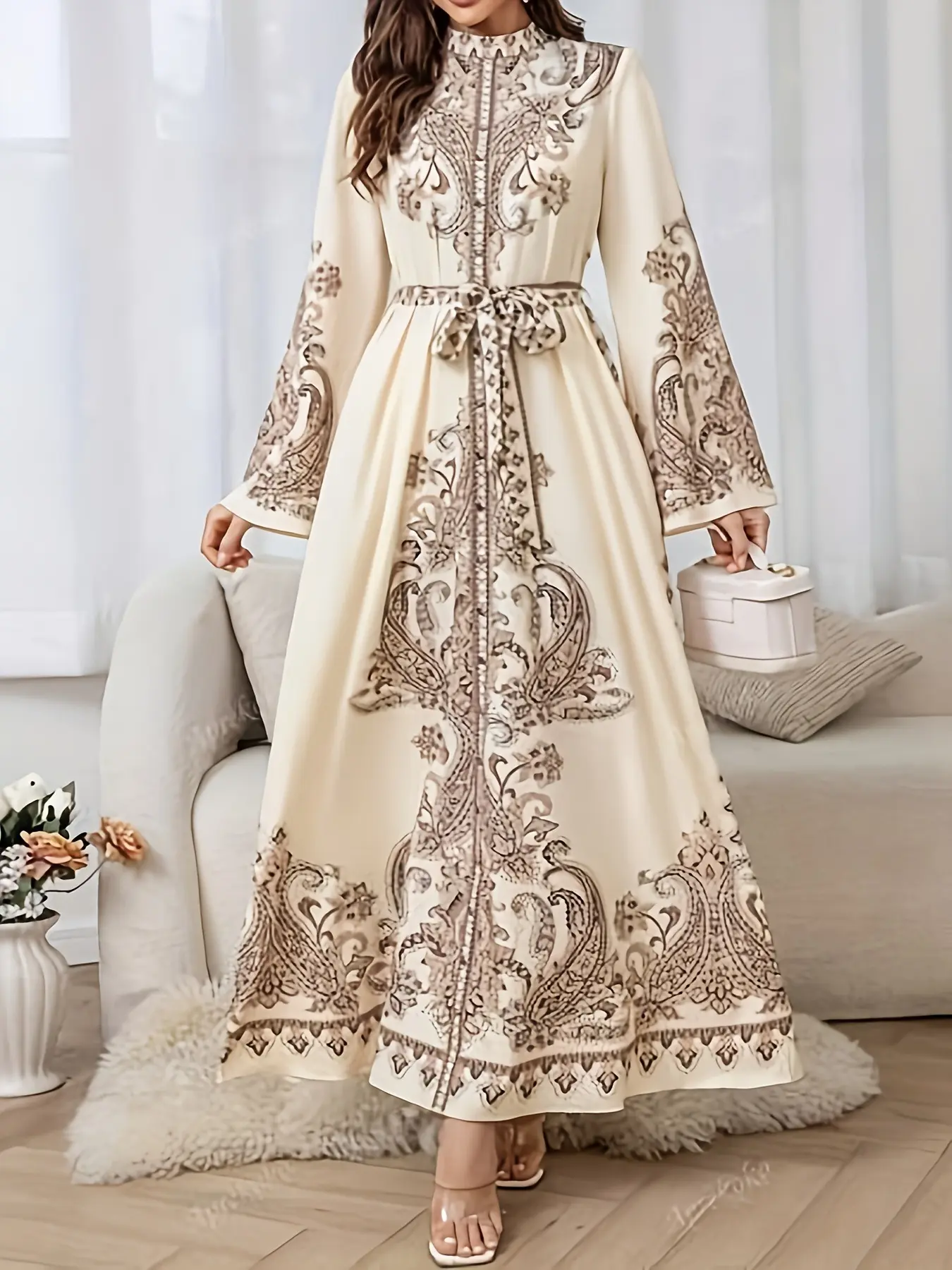 Women's Long-Sleeve Belted Abaya Dress Elegant Islamic Clothing with Middle Eastern-Inspired Paisley Print, Adjustable Belt, and Machine-Washable Fabric—Versatile for All Seasons