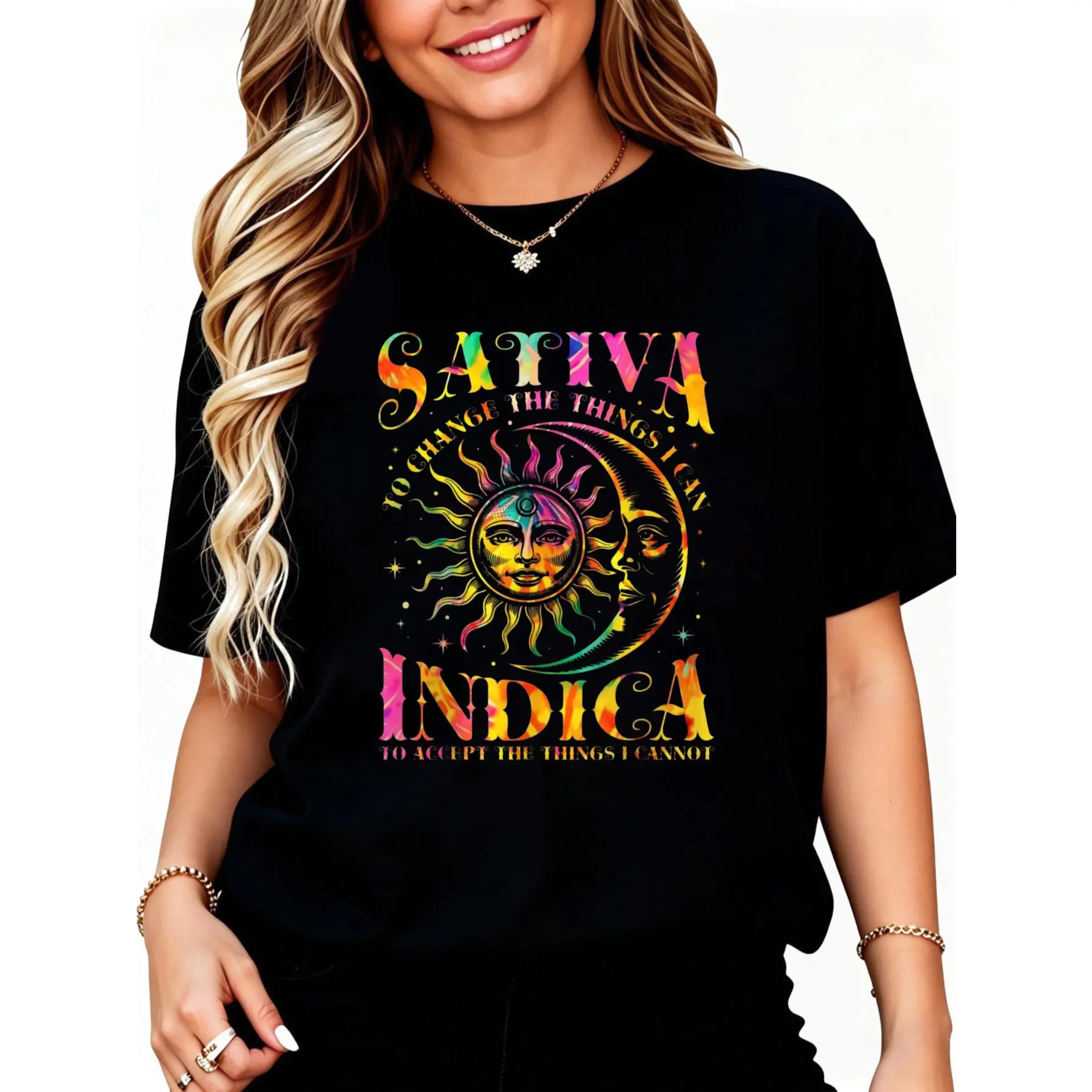 Women's Cotton Casual Short-Sleeve Round Neck Graphic T-Shirt - Featuring Sativa "Change The Things I Can" & Indica Cannabis Weed Designs, Shortsleeve, Streetwear, Top
