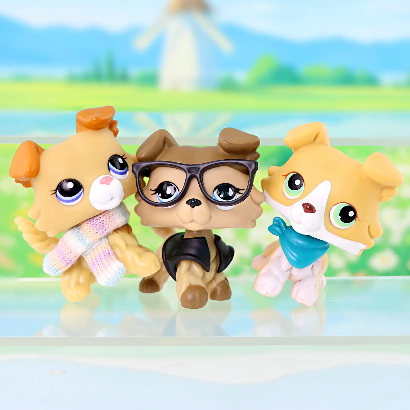 3 Pcs Mini Collie Dog Figurines Set, Cute Cartoon Puppy Toy Figures with Bandana, Glasses, Vest & Knitted Scarf Accessories, Collectible Small Animal Statues, Kids Pretend Play Toy, Cake Topper & Desktop Decor