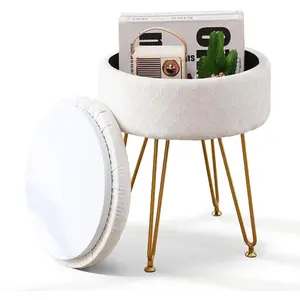 Storage Ottoman Round Footrest Stool Multifunctional Upholstered Ottoman Modern Accent Vanity Stools Tray Top Coffee Table Suitable for Living Room Bedroom Entryway Cream