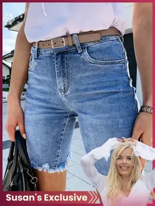 Susan's Exclusive  Women's Ripped   Denim Shorts, Blue Elasticity, Frayed Hem Design, Perfect Fit Casual Wear, Comfortable  Pants