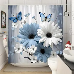 Blue And White Floral Butterfly Shower Curtain Featuring a Sophisticated Nature Theme with Bright Flowers Set Against a Soft Gray Backdrop, with Hooks