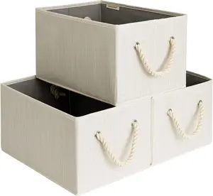 StorageWorks Large Storage Baskets for Organizing, Foldable Storage Baskets for Shelves, Fabric Storage Bins with Handles, Decorative Shelf Baskets, Beige, White & Ivory, 3-Pack Linen Organiser