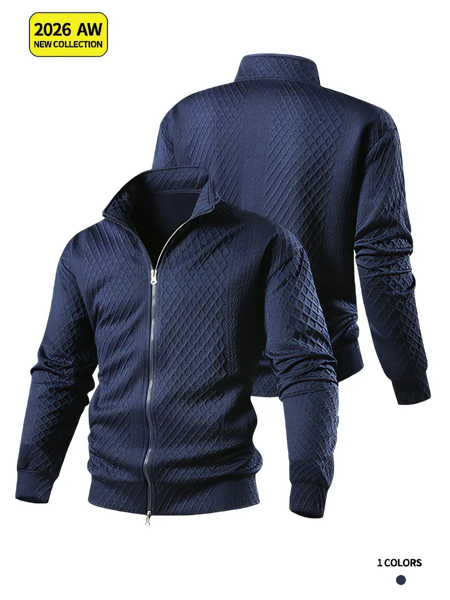 Men’s Minimalist Mock Neck Long-Sleeve Plain Navy Blue Lightweight Front Zip Jacket - Loose-Fit Medium-Length Polyester Blend Tops Coats, Line Dry Wash, for Spring/Autumn Minimalist Casual Everyday Outdoor Wear