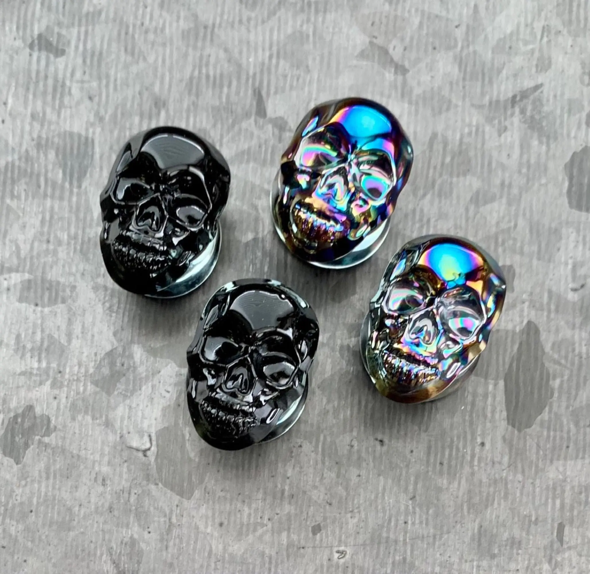 PAIR of Unique Skull Pyrex Glass Double Flare Plugs/Tunnels  - Choose multi-color or black!