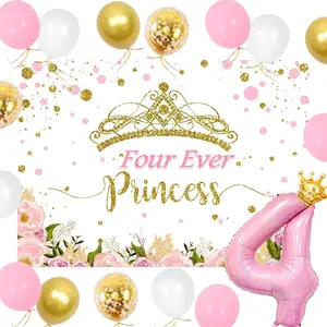 LaVenty Four Ever a Princess Birthday Decorations Pink Gold Princess Castles Balloon Garland Crown Number 4 Foil Balloons Banner for 4 Years Old Birthday Party Decor Supplies