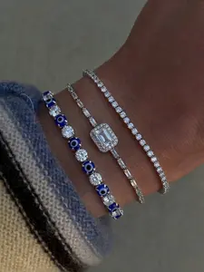 Three-Piece Tennis Bracelet Set, Modern Evil Eye Design, Sparkling Rhinestones, Elastic Fit, Punk Minimalist Style, Perfect for Daily Wear and Party Gifts, Gothic Jewelry, Matching Bracelets