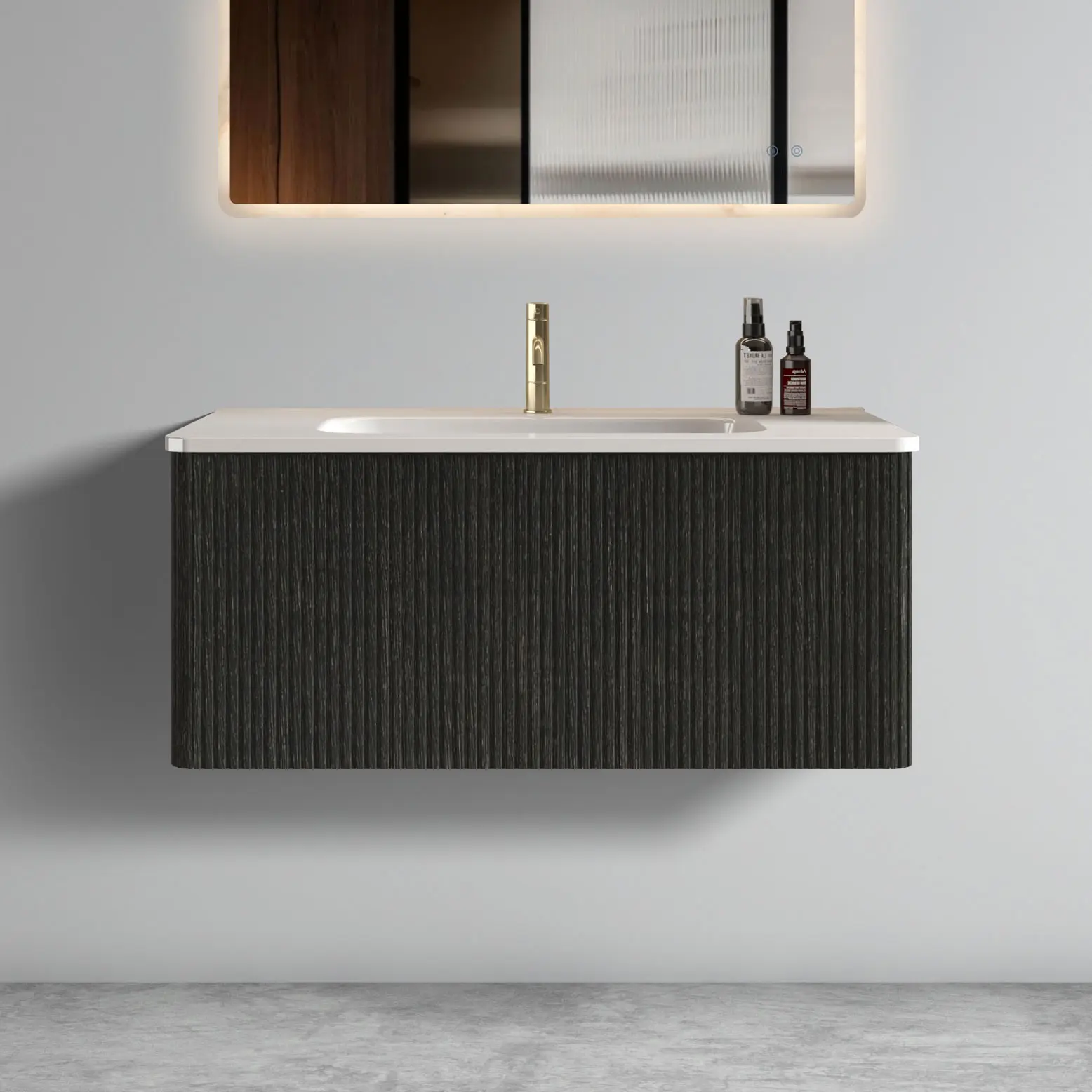 YYDS U058-Etna36W-308 Etna 36" Striped Brushed Black Oak Floating Bathroom Vanity with White Ceramic Sink, Bathroom Vanity for Modern Bathroom, Pre-assembled