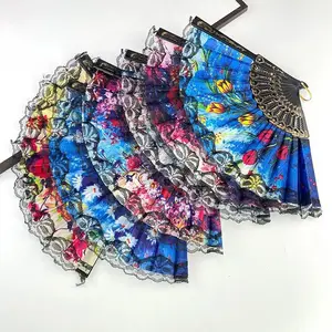 10Pcs High-Quality  Lace-Trimmed Hand Fans, Vintage Floral Folding Fans, Summer Chinese Style Folding Fans For Women, Dance Performances, Photo Props, Portable Folding Fan, Flower Design