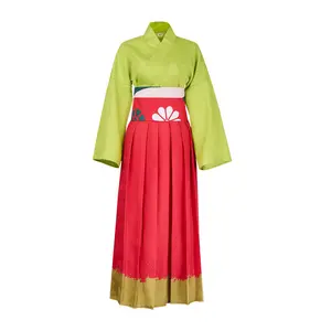 Erika Kimono Style Cosplay Costume Set Green Top Red Hakama Bow Belt Headband Back Decoration for Comic Con
