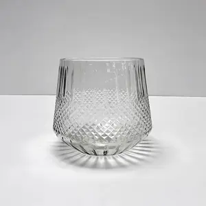 Etched Clear Glass Vase Embossed Diamond Cut Round Tapered Bottom Vessel