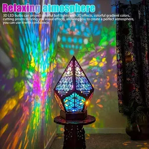 Wooden Bohemian LED Bedside Lamp, Arctic Star Sky Projection, Hollow Geometric Colorful Light, USB Rechargeable 3D Night Light, Home Decor