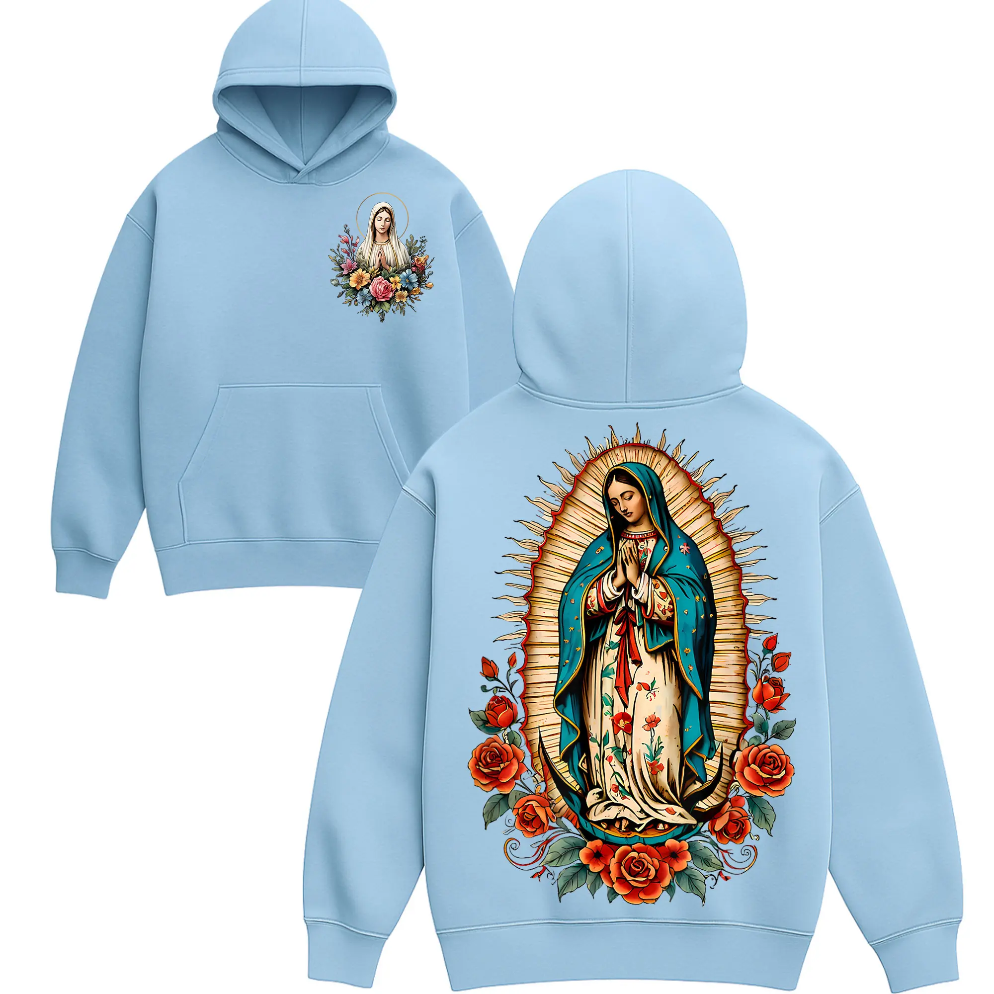 Classic Unisex Hoodie with Virgen de Guadalupe Graphic, Casual Cotton Pullover, Lightweight Top with Double-Lined Hood and Pocket