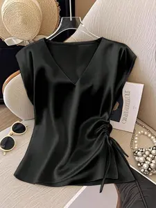 Women’s Satin T Shirt V Neck Short Sleeve Tops for Women Slim Fit Blouse Casual Tops for Women Cute Tops for Women Women’s Tops Trendy Tops Summer Tops for Women Spring Tops for 2026 Women’s Clothing Elegant Tops