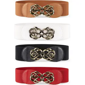 Women's 4-Pack Stretchy Belts 2.3" Wide Vintage Elastic Waistbands with Antique Brass Buckle for Dresses & Fashion