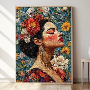 Abstract Style Artistic Poster Featuring Girl with Celestial Flowers, Large Mosaic Bohemian Canvas Wall Art, Modern Floral Paintings, Artwork, Home Decor, Made in China