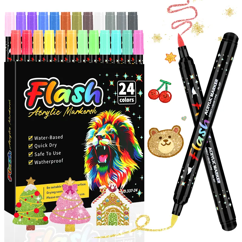 12-Color Artistic Glitter Acrylic Marker Set - Office Stationery Writing Tools, Art Drawing Supplies for Rock & Ceramic DIY Crafts, Ideal Gift for Artists (Multi-Surface Use)