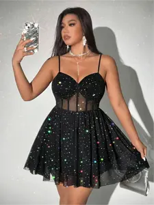 Large size women's dress, elegant and sexy sequined mesh A-line short skirt, suspender dress bridesmaid dress, elastic waist design, suitable for parties and gatherings, very eye-catching