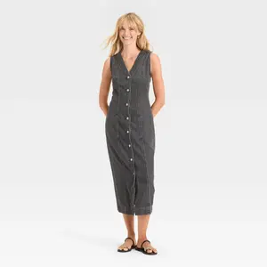 Universal Thread Women's Denim Button-Down Ankle Dress - Black Wash, Breathable Cotton Blend, V-Neck, Sleeveless, Side Pocket, Casual & Semi-Formal Style
