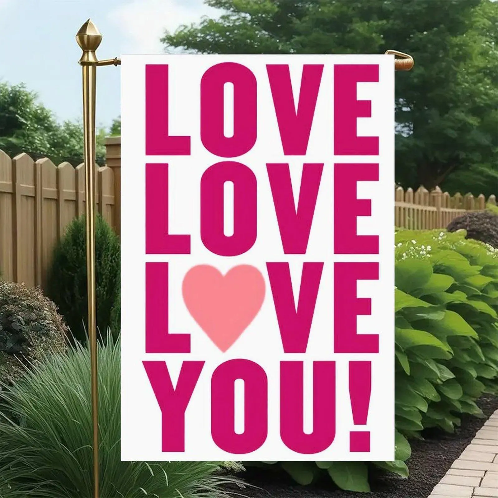 Love You Pink Bold Letter Heart Valentine Garden Flag, Double Sided, 12 x 18 Inch, Romantic Bright Pink Text Heart Outdoor Yard Decor Flag
