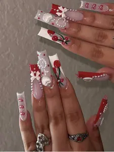 Cute Cherry Press on Nails | Long Coffin Shape | 3D Bow & Heart Rhinestone Design | 24 Pieces Reusable Fake Nails