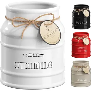 Ceramic Farmhouse Utensil Holder for Kitchen Counter, Large Rustic Utensil Crock, Countertop Cooking Tool Spatula Organizer, 6.75" (White)