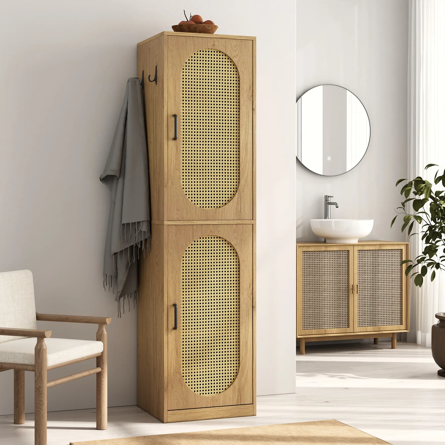 66-Inch Bathroom Storage Cabinet with Rattan Doors for Toilet, Tall Narrow Bath Room Organizer Space-Saving Floor Cabinets with Adjustable Shelves and 4 Hooks for Restroom, Small Spaces, Brown