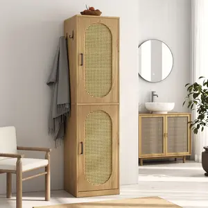 66-Inch Bathroom Storage Cabinet with Rattan Doors for Toilet, Tall Narrow Bath Room Organizer Space-Saving Floor Cabinets with Adjustable Shelves and 4 Hooks for Restroom, Small Spaces, Brown