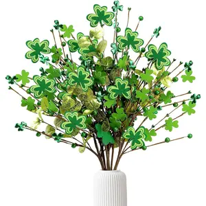 St.Patrick's Day 6 Pcs Shamrock Berry Stems Artificial Wooden Shamrock Picks Green Eucalyptus Berry Branches for Irish St.Patrick's Day Arrangement Centerp