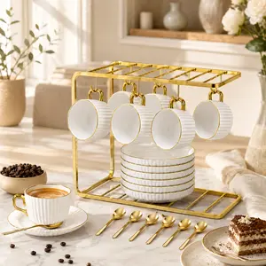 Coffee Cup Set of 6, Luxury Ceramic Mug Set with Saucers & Spoons, Dining Table Coffee Set, Elegant Kitchen Drinkware, Home & Apartment Essential Gift，home cafe ideas，Elegant tea cup set,Morning coffee aesthetic set，Instagram aesthetic coffee cups