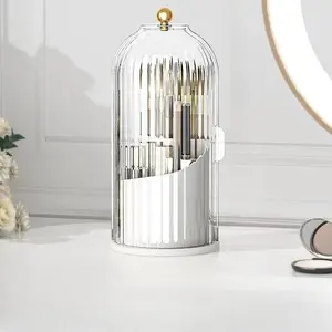 Multifunctional 360 ° rotating birdcage pen holder, dust-proof grid desktop cosmetic storage box, rotating makeup brush storage cartridge, universal for 4 seasons, suitable for brushes and lipsticks, countertop dresser storage solution