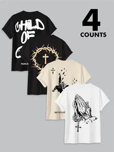 Men's Letter & Cross Print Round Neck Tee, Regular Fit Casual Short Sleeve T-shirt for Daily Wear, Men's Top for All Seasons, Tropical, Casual Style Tee