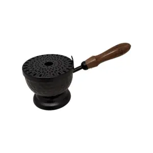 9" Iron Cauldron Burner with Lid & Wooden Handle   Charcoal Burner with Wooden Handle and Perforated Design for Efficient Burning