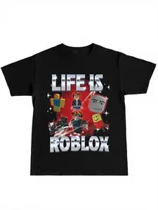 Roblox Game Print T-Shirt for Students, Casual Long Sleeve Fitted Tee, H-Type Silhouette, Perfect for Campus & Daily Wear