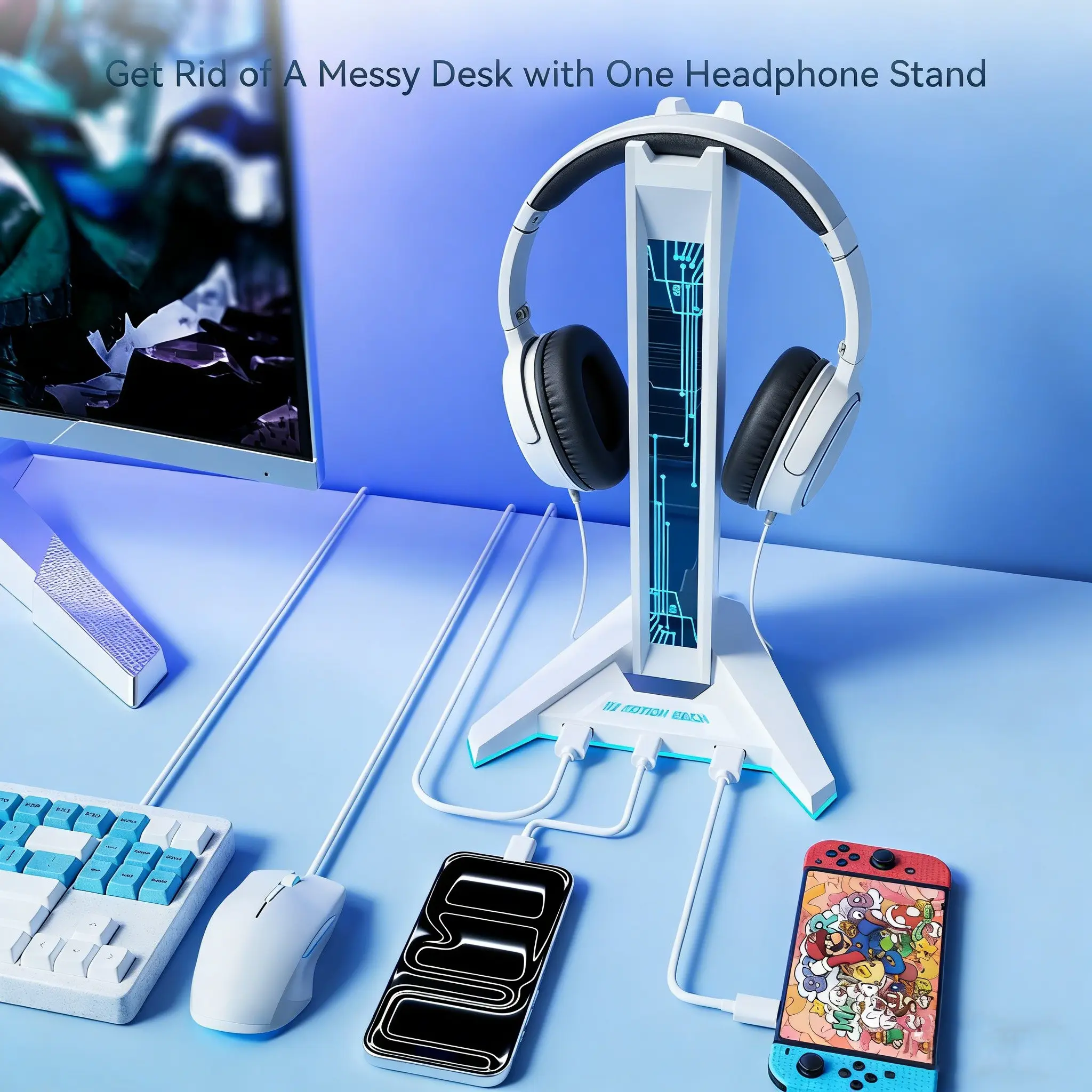 Rgb Stand RGB Gaming Headset Stand USB Powered 9 Lighting Modes With 4 USB Ports ...