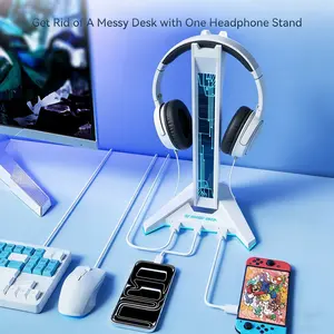 RGB Gaming Headset Stand USB Powered 9 Lighting Modes With 4 USB Ports And 1 Type C Port Compatible With PC PS5 Xbox Ideal Desktop Organizer Perfect Accessory Gift For Gamers