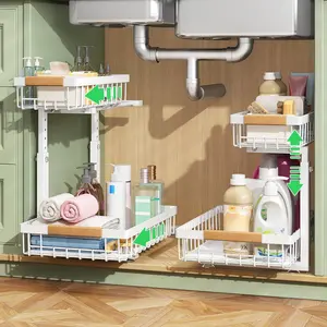Under Sink Organizer, 2 Tier Under the Sink Storage, Slide out Pull out Cabinet Organizer Shelf, Metal Sliding Drawer for Kitchen Bathroom Pantry Closet Organization Rack, White, 2 Pack