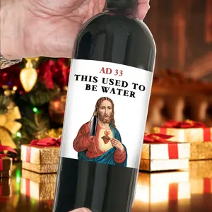 Humorous Wine Bottle Labels, Durable Vinyl Stickers, Religious Design with Christ and Cross, Religious Imagery, Perfect for Christmas, Birthdays, Gifts