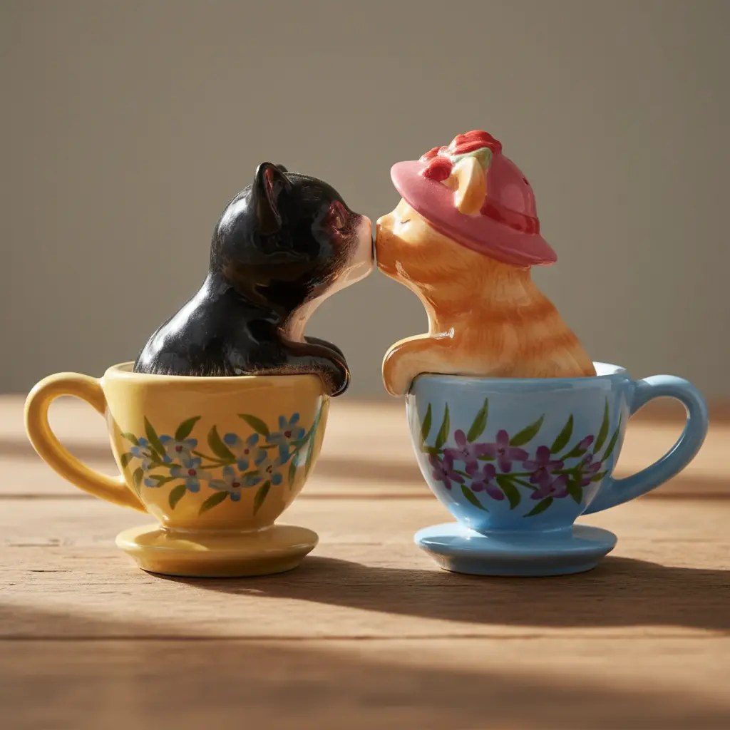 Charmingly Cute Glossy Ceramic Kitty Teacup Salt and Pepper Shaker Set of 2 - Black and White Floral Print, Orange Tabby Design, Perfect Compact Size, Exquisite Ceramic Craftsmanship Sturdy Kitchen Seasoning Utensils, Hand-Painted