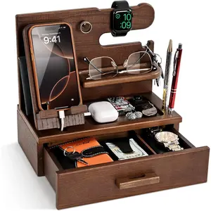 Phone Docking Station with Drawer - Nightstand Organizer - Desk Organizer for Husband - Birthday Gifts for Men, Dad, Anniversary Idea, Key Holder Stand Watch & Accessories (Antique Brown)