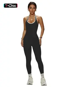 Women's Seamless Yoga Ribbed Jumpsuit, Fitness Outdoor Sports Long Pants Backless Top, Sexy Style All Seasons, Workout Jumpsuit