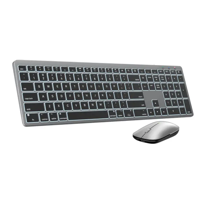 SABLUTE KMA1 Multifunctional Rechargeable Backlight Wireless Keyboard & Mouse Combo for Mac, 7-Color Backlit, 1600 mAh, 300 mAh, Full Size, Quiet Switch, Adjustable Tilting Feet, Built-in Li-ion Batteries, Silicone Film Protection (Space Gray), Multifunct