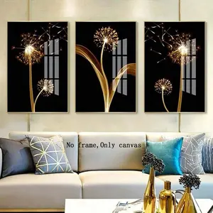 3pcs Gold Dandelion Wall Art Set, Background Decorative Paintings, Luxury Plant Posters for Bedroom & Living Room, Modern Home Decor, No Frame