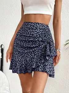Women's Ditsy Floral Print Ruffle Trim Skirt, Elegant Fashion Casual Short Skirt for Daily Outdoor Wear, Ladies Bottoms for Summer