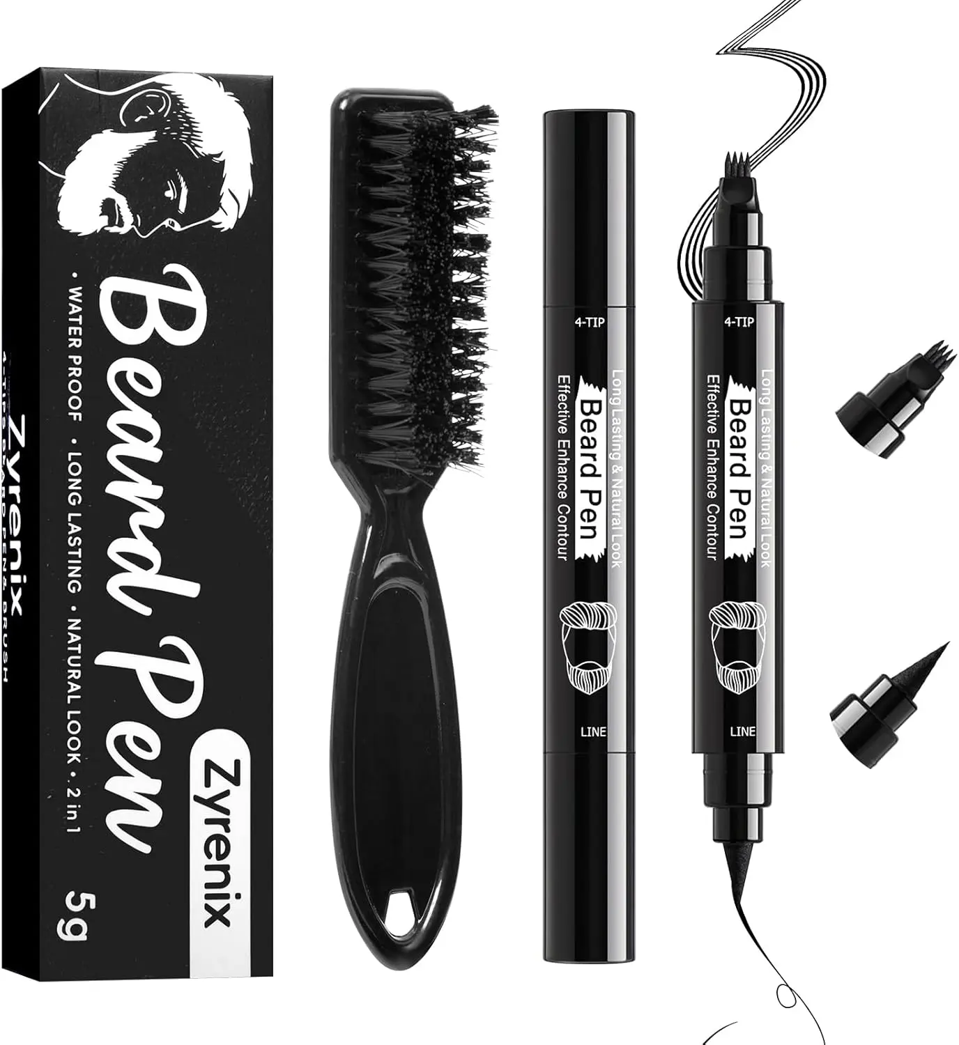 Beard Pencil Filler for Men, Dual-Head Design, Waterproof Beard Pen with Beard Brush for Men, Long-Lasting Natural Finish, Mustache Repair and Shaping Tool to Enhance Facial Hair (Black)